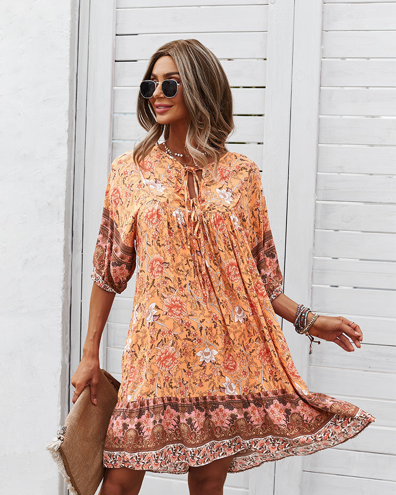 Loose Floral Printed Wholesale Dresses Short Sleeve Casual Dress