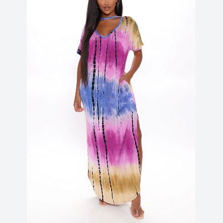 Tie Dye Print Casual V-Neck Short Sleeve Wholesale Maxi Dresses Slit Design Fashion