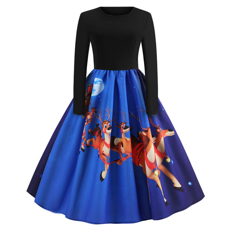 Christmas Printed Retro Dress Women Wholesale