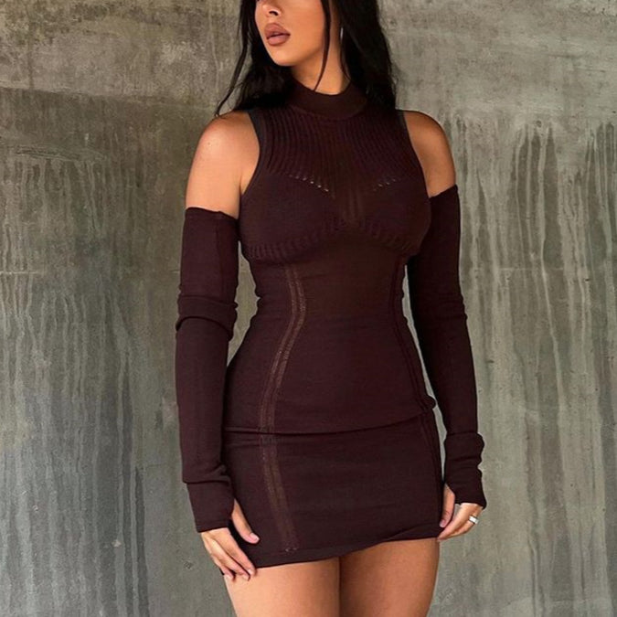 Sexy Long Sleeve See-Through Knit Bodycon Mini Dress Wholesale Dresses