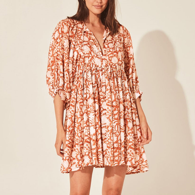 Floral Print Tie Rope Loose Casual Vacation Swing Dress Wholesale Dresses