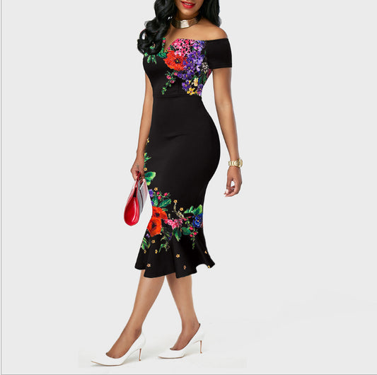 Floral Print Off Shoulder Short Sleeve Ruffle Hem Wholesale Bodycon Dresses