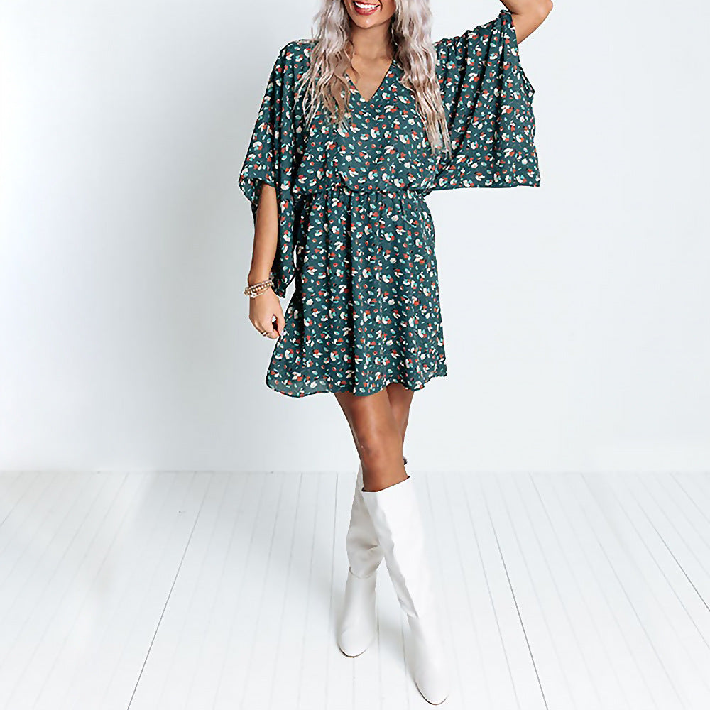 Fashion Print V-Neck Flare Sleeve Summer Chiffon Dress Casual Loose Nipped Waist Wholesale Dresses