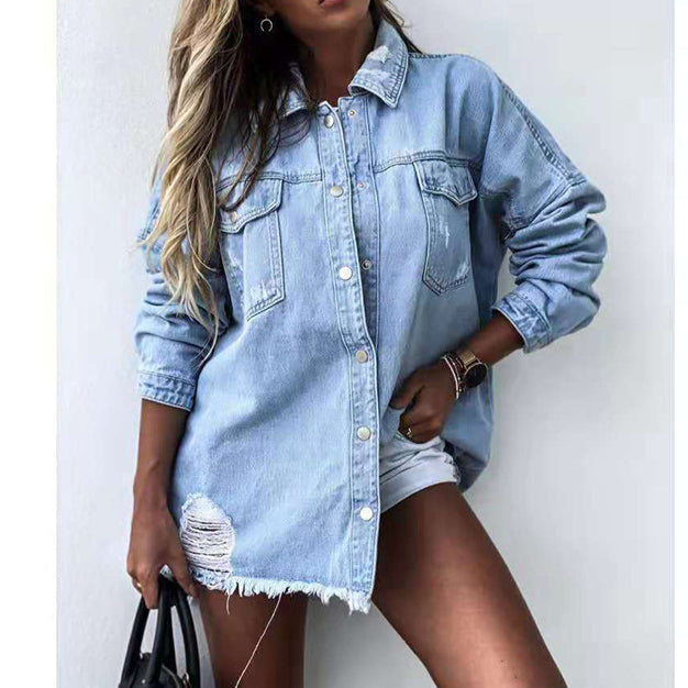 Turn Down Collar Long Sleeve Ripped Wholesale Denim Jacket for Women
