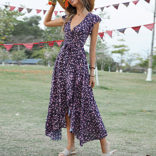 V-Neck Lace-Up Waist Floral Print Ruffle Flowy Dress Wholesale Maxi Dresses