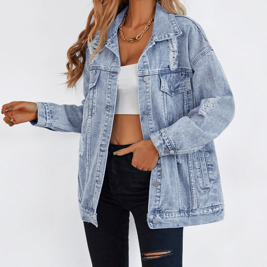 Letter Print Lapel Collar Ripped Denim Jacket Wholesale Womens Tops