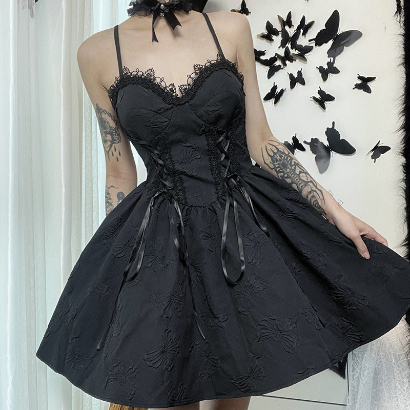 Dark Style Personality Jacquard Open Back Sling Dress Wholesale Dresses