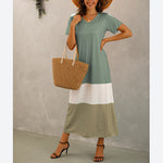 Trendy Colorblock Print Short Sleeve V Neck Midi A-Line Dresses Casual T Shirt Dress Wholesale