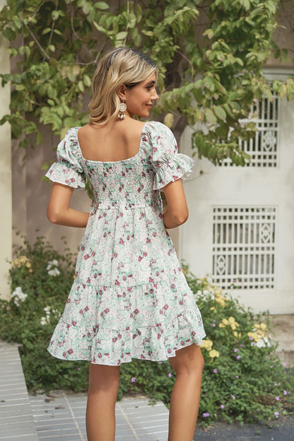 Square Neck Floral Print Chiffon Short-Sleeve Swing Dress Wholesale Dresses