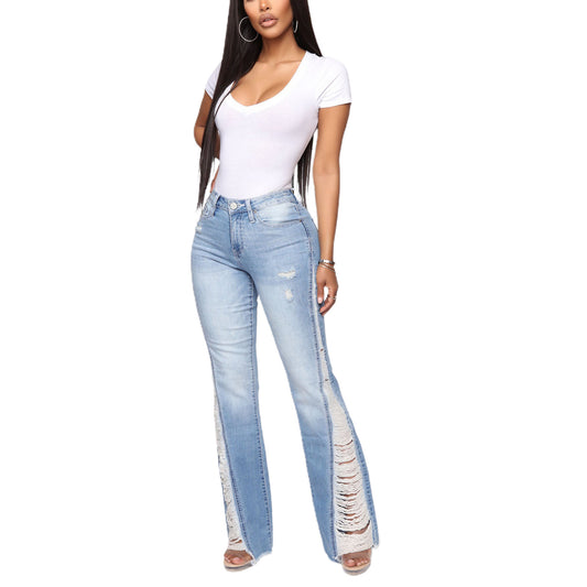 Packed Hip Light Blue Women Denim Trousers Wholesale Jeans