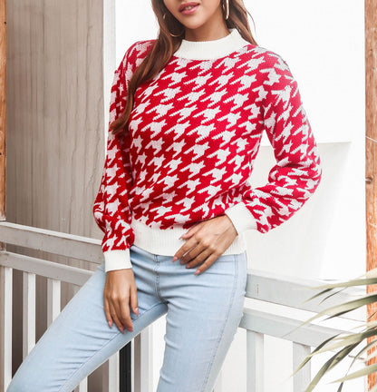 Houndstooth Pattern Round Neck Sweater Wholesale Clothing SS070039