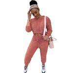 Casual Solid Color Ant Fleece Hooded Drawstring Crop Tops & Slim Pants Wholesale Womens 2 Piece Sets