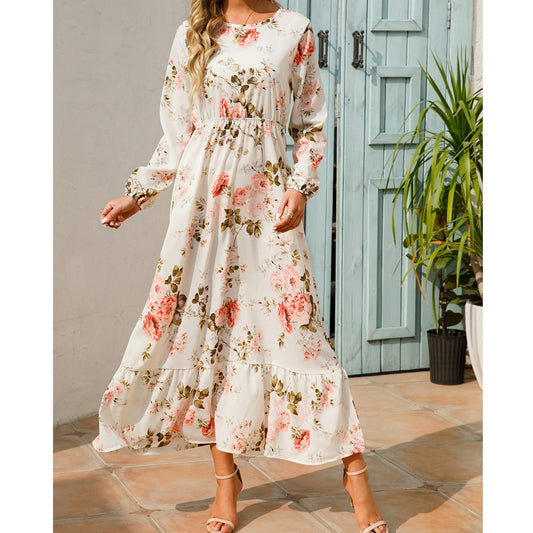 Fashion Print Chiffon High Waist Dress Casual Long Sleeve Round Neck A-Line Wholesale Dresses