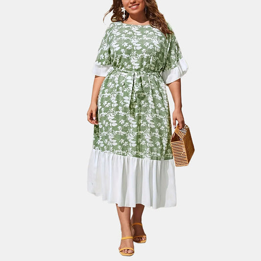 Printed Ruffled Short Sleeve Summer A-Line Curvy Dress Wholesale Plus Size Clothing