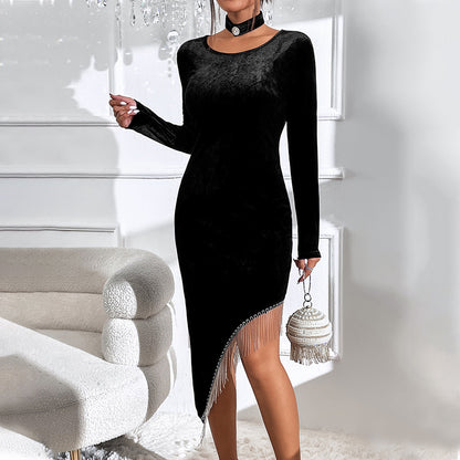 Sexy Long Sleeve Tassel Bodycon Velvet Dress Wholesale Dresses