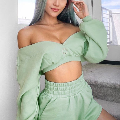 Lightgreen Crop Top With Shorts Wholesale Tracksuit