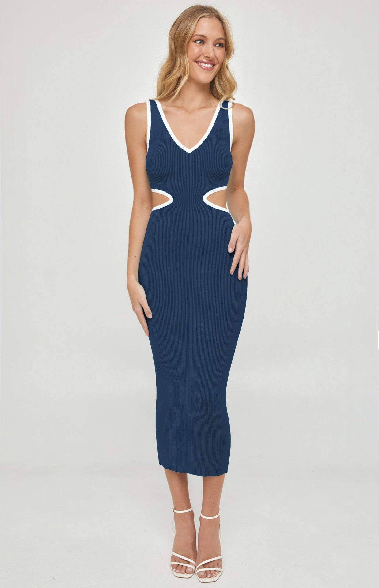 Sexy Sleeveless Cut Out V Neck Ribbed Bodycon Midi Dress Wholesale Dresses