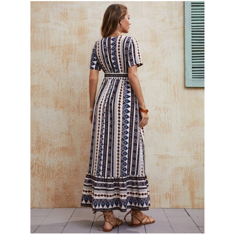 Fashion Printed V-Neck Short Sleeve Vacation Maxi Dresses Wholesale Bohemian Dress For Women