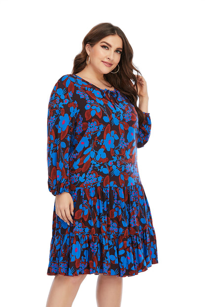 Casual Floral Swing Dress Loose Long Sleeve Dresses Wholesale Plus Size Clothing