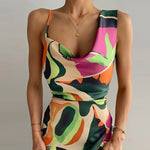 Slit Print Color Contrast Irregular Temperament Elegant Midi Dress Wholesale Dresses