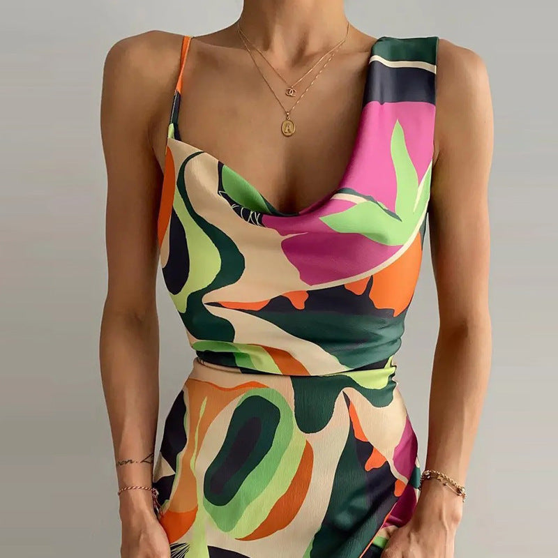 Slit Print Color Contrast Irregular Temperament Elegant Midi Dress Wholesale Dresses