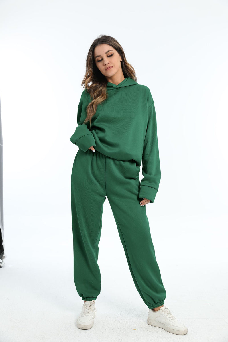 Fashion Casual Thick Solid Color Hooded Sweatershirt Long-Sleeved & Long Trousers Womens 2 Piece Sets