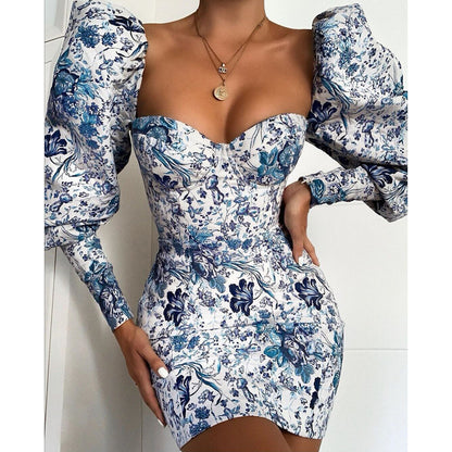 Printed Bubble Sleeve Dresses Wholesale Women Clothing