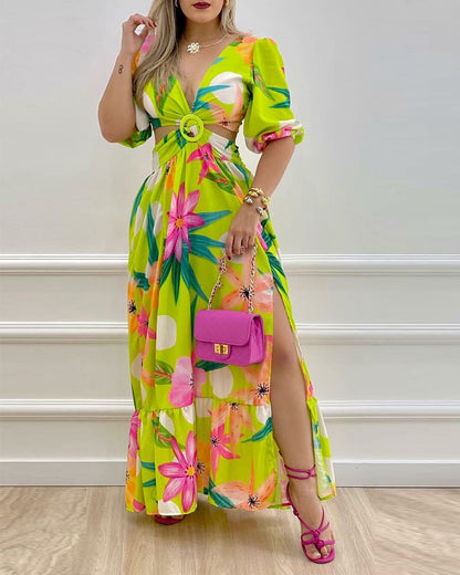 Printed Fashion Cutout Open Back Lantern Sleeve Sling Swing Drsses Crossover Wrap Chest Vacation Wholesale Maxi Dresses