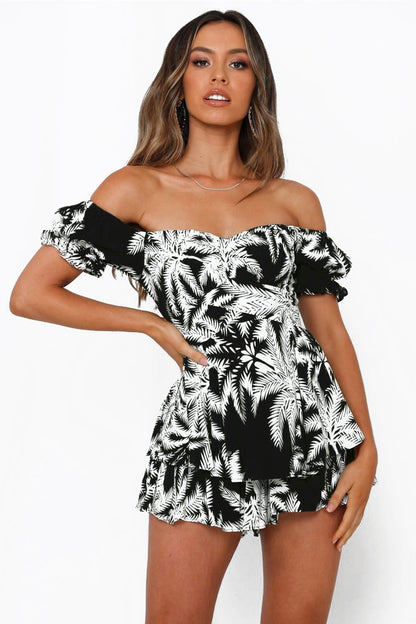 Off Shoulder Printed Puff Sleeve Tube Top Sexy Ruffles Tie-Up Womens Short Jumpsuits Wholesale Rompers