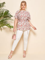 Fashion Floral Chiffon Tops Lace-Up O Neck Plus Size Womens T Shirts Wholesale
