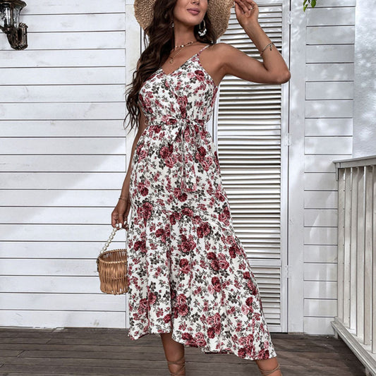 Floral Print Spaghetti Strap Sleeveless Tie Waist Wholesale Swing Dresses For Women