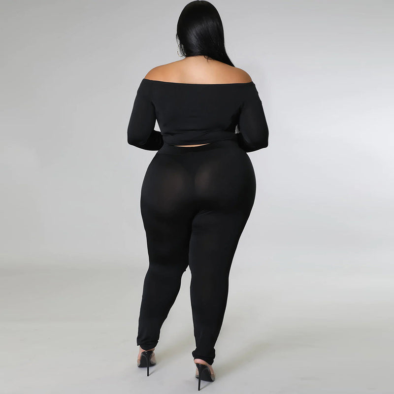 Wholesale Plus Size Women'S Clothing Solid Color Long-Sleeved One-Shoulder Drawstring Strap Tight-Fitting Two-Piece Suit