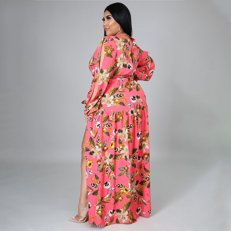 Cutout Sleeve Floral Print Slit Women Curvy Maxi Dresses Wholesale Plus Size Clothing