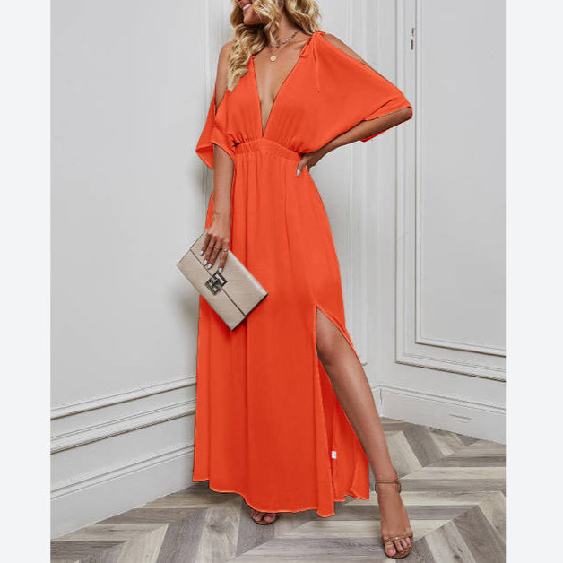 Deep-V Neck Backless Hollow Sleeve Chiffon Dress Wholesale Maxi Dresses