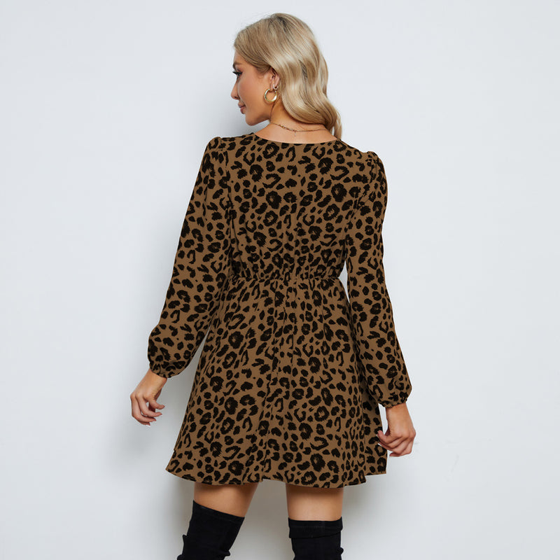 Women Fashion Puff Sleeve Leopard Print V Neck Wholesale A-line Dresses