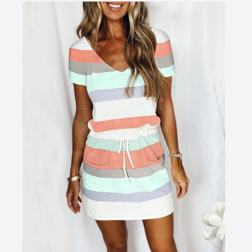 Striped V-Neck Drawstring Short Sleeve Casual Dresses Summer T Shirt Dress Wholesale