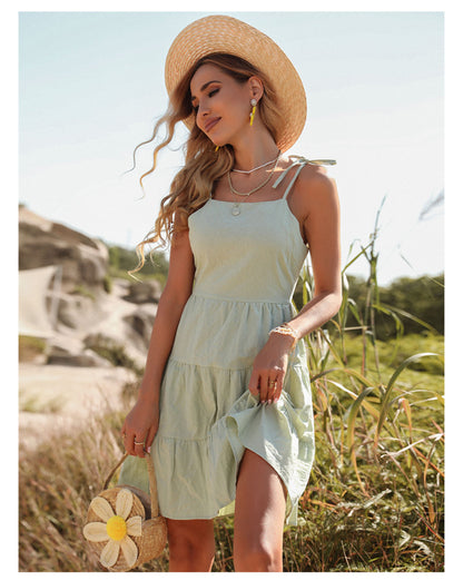 Women Fashion Solid Color Sling Ruffle Wholesale Cami Dresses Summer