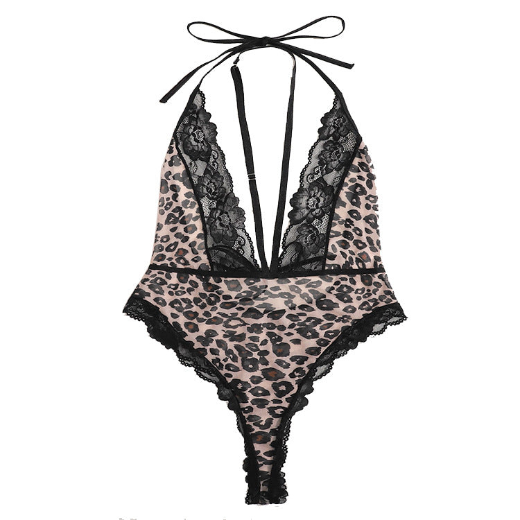 Sexy Leopard Print Lace Halterneck Mesh Sheer Wholesale Plus Size Lingerie For Women