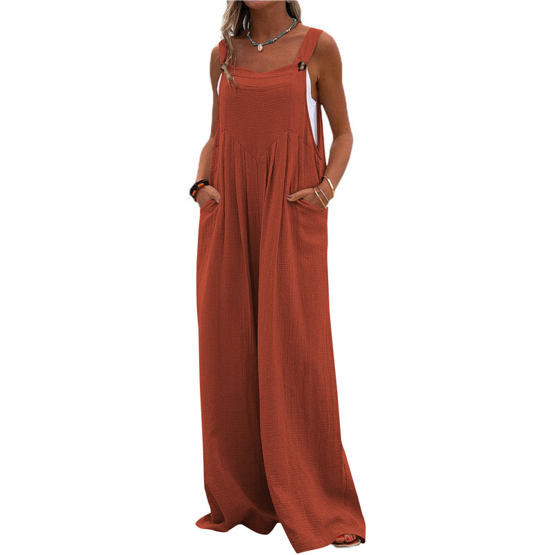 Plain Color Strappy Sleeveless Wide Leg Casual Loose Cotton Linen Wholesale Jumpsuits with Pockets
