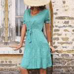 Floral Print V Neck Puff Sleeve Knotted Wholesale Swing Dresses Summer