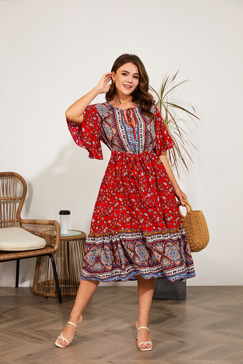 Wholesale Plus Size Women Clothing Ethnic Style Floral Bat Sleeve Slim Midi Dress Wholesale Dresses