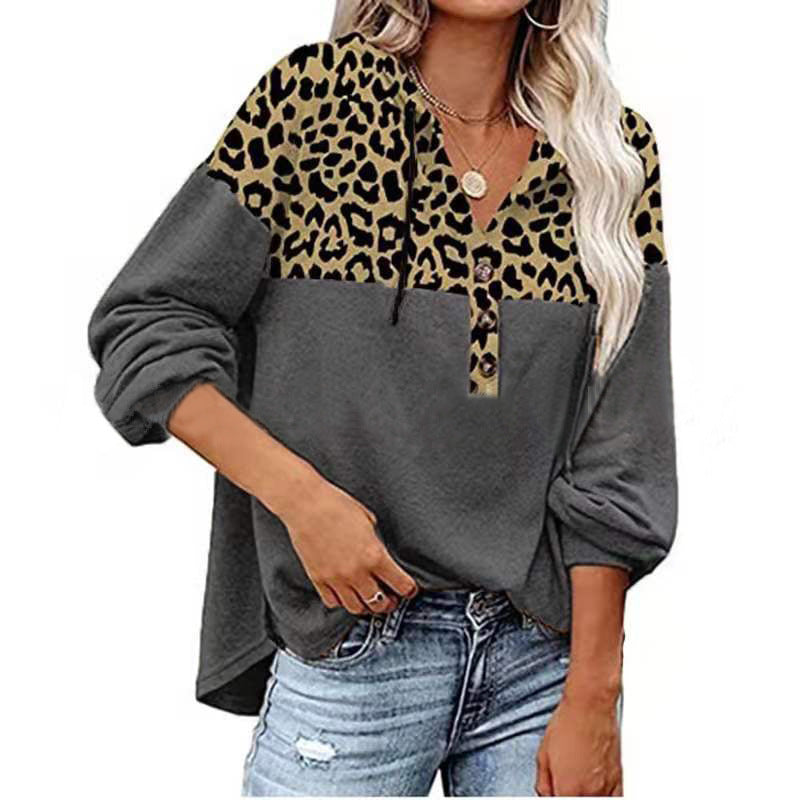 New Casual V-Neck Leopard Pattern Stitching Hoodie
