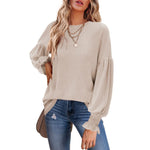 Round Neck Lantern Sleeve Solid Color Blouse Wholesale Womens Tops