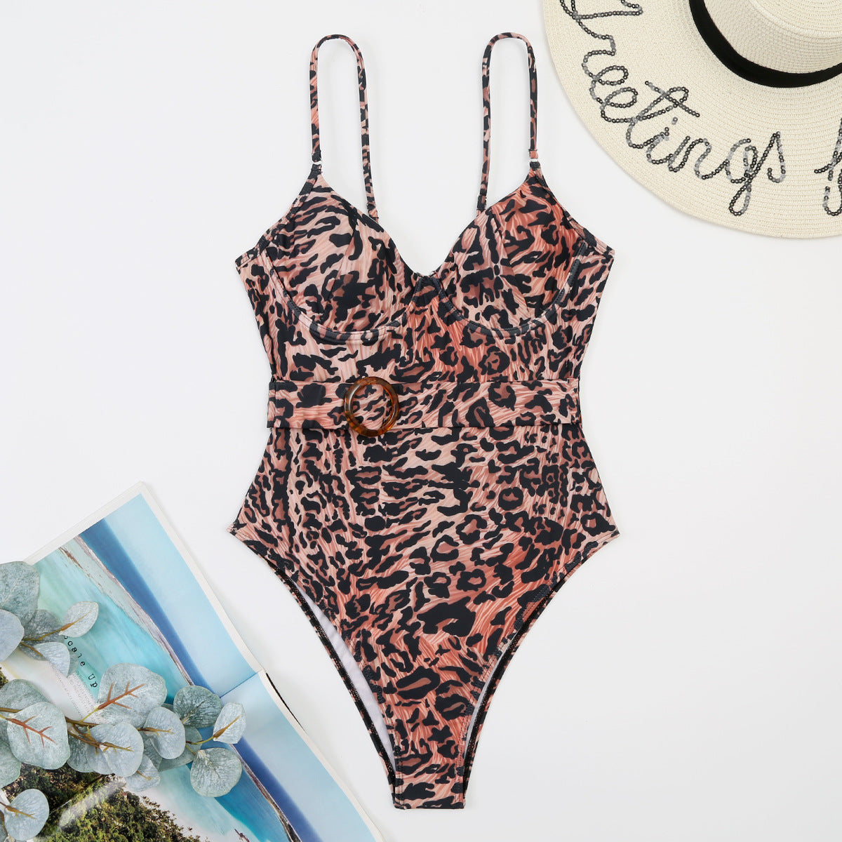 Sleeveless Spaghetti Strap Leopard Print Belted Wholesale One Piece Sets