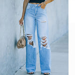 Raw Edges Mid-Rise Casual Slim-Fit Ripped Wide-Leg Jeans Wholesale Women Bottom