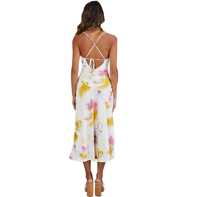 Sling Low-Cut Open Back Lace-Up Midi Print Wholesale Dress Valentine'S Day