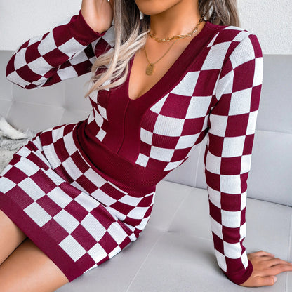 V-Neck Plaid Printing Sexy Knitted Dress Women