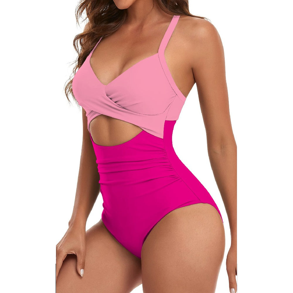 Stitching Sexy Hollow Cross Sling Triangle One-Piece Swimsuit Wholesale Women'S Clothing