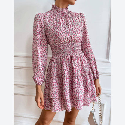 Floral Print Long Sleeve High Collar Ruffled Dress Wholesale Dresses