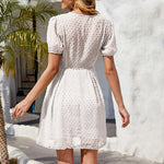 Puff Sleeve Jacquard Swiss Dot V Neck Wholesale Swing Dresses for Women Summer